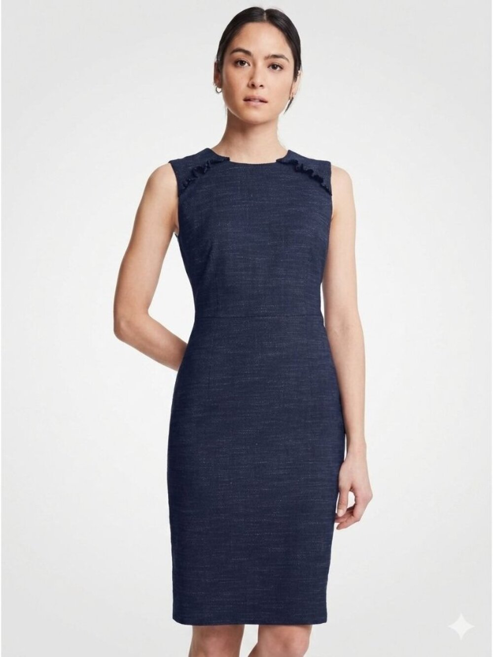 Ann Taylor Sleeveless Sheath Dress Blue Sz 6 Ruffle Trims Formal Career Office